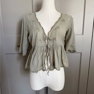American Eagle Sage Green Embroidered Tie Front Top XS Boho Peplum